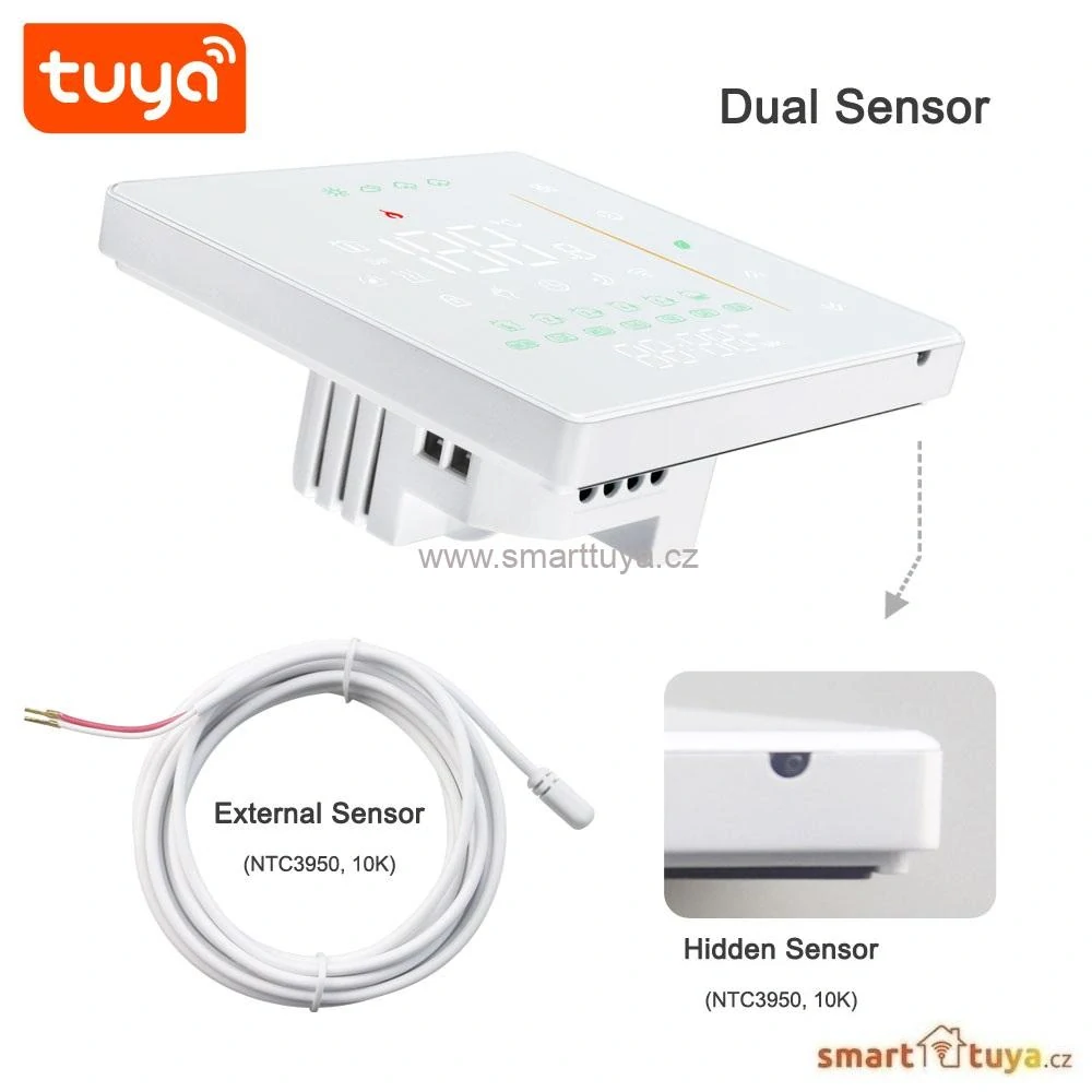 WiFi dotykový pokojový termostat  ovládaný aplikací, 16A, bílý- TUYA, Android/iOS