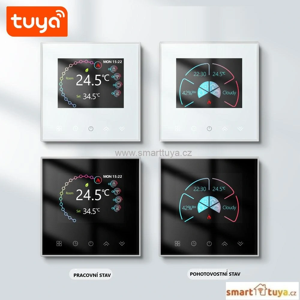 WiFi pokojový termostat 3A s barevným LCD displejem, pro ovládání plynového kotle, bílý - TUYA, Android/iOS