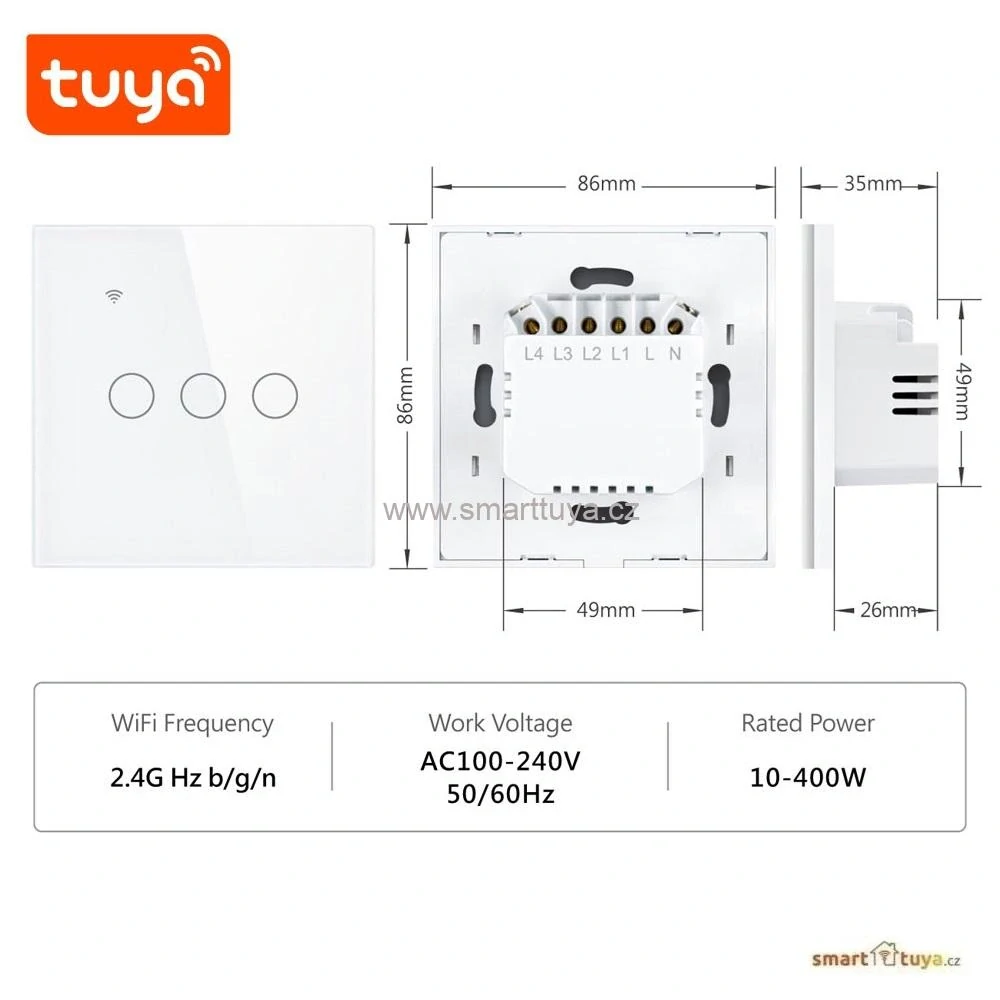 WiFi chytrý vypínač světel,třítlačítkový - TUYA, Android/iOS