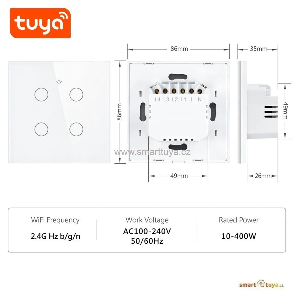 WiFi chytrý vypínač světel,čtyřlačítkový - TUYA, Android/iOS