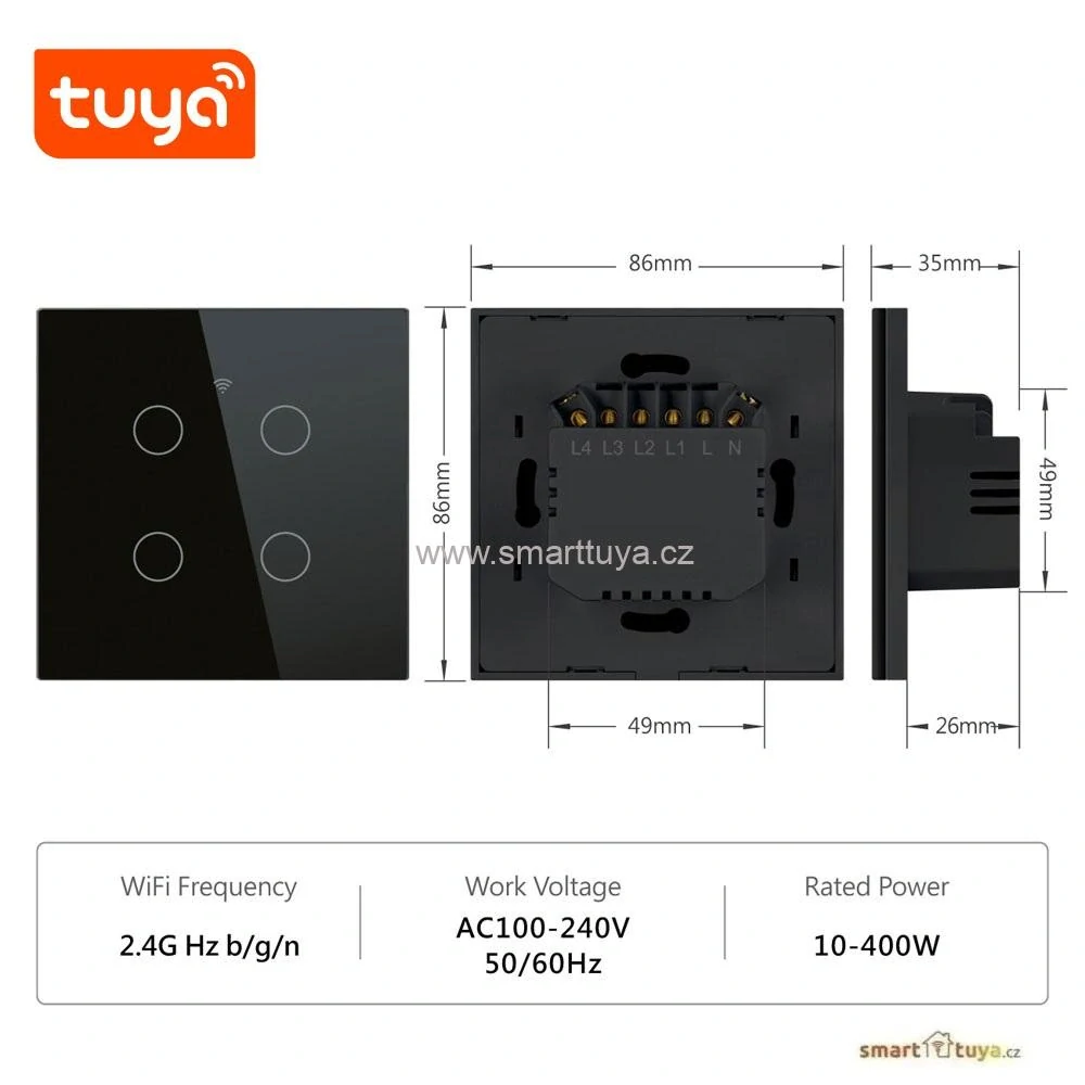 WiFi chytrý vypínač světel,čtyřlačítkový - TUYA, Android/iOS