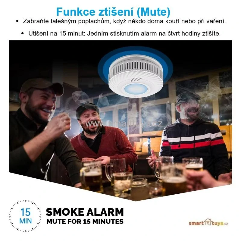 WiFi + RF 433MHz chytrý detektor kouře a požáru – Tuya (Interconnected, 10 let baterie)