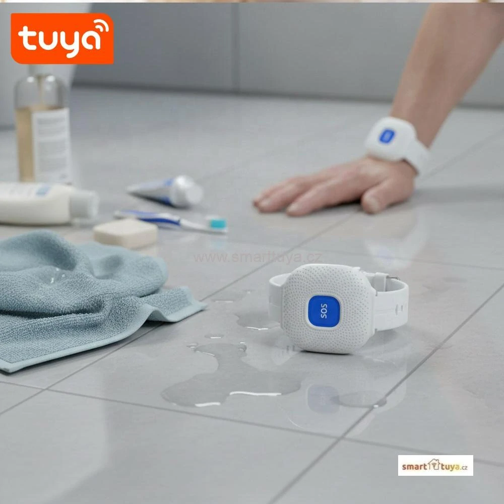 TUYA WiFi tísňové SOS tlačítko na zápěstí pro seniory – bílé (vodotěsné hodinky), PST-CF103W