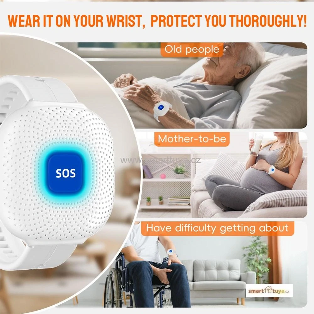 TUYA WiFi tísňové SOS tlačítko na zápěstí pro seniory – černé (vodotěsné hodinky), PST-CF103W